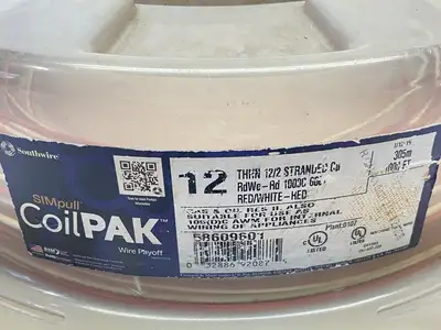 USED SOUTHWIRE SIMPULL COILPAK THHN #12 2-C COPPER STRANDED RED/WHITE 400FT