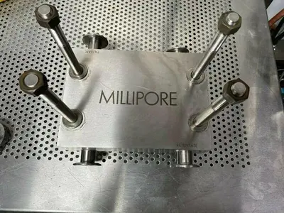 USED MILLIPORE TFF SKID W/ WAUKESHA 030 PUMP & 80L JACKETED VESSEL W/ CONTROLLER