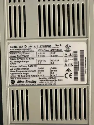 Allen Bradley 20AD3P4A3AYNADG0 /A POWERFLEX 70 AC DRIVE 2HP 480VAC (2.2.1)
