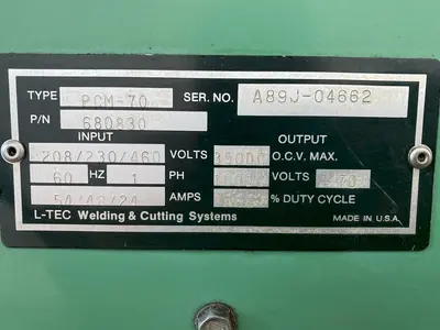 L-TEC PLASMARC PCM-70 PORTABLE PLASMA CUTTER. STOCK # 0950820