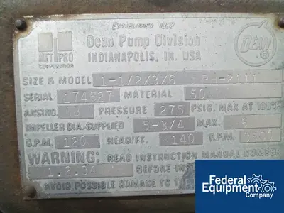 USED DEAN 1.5" x 3" Dean Centrifugal Pump, S/S, 7.5 HP