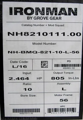 NEW GROVE GEAR NH8210111.00 GEAR REDUCER RATIO 10:1 2.464 HP NH-BMQ-821-10-L-56