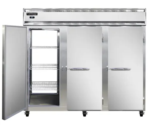 Continental 3RENSSPT 85 1/2" Three Section Pass Thru Refrigerator, (6) Left/right Hinge Solid Doors, Top Compressor, 115v