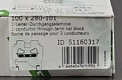 WAGO 280-101 Conductor Through Terminal Block - Lot of 100. Loc3D-29