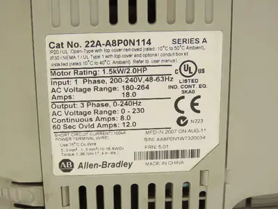 Allen Bradley 22A-A8P0N114 PowerFlex 4 Variable AC Drive VFD 2Hp 240V 1PH Input