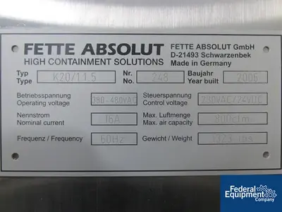 USED Fette Fette Absolut 800 CFM Isolator Dust Collector, S/S