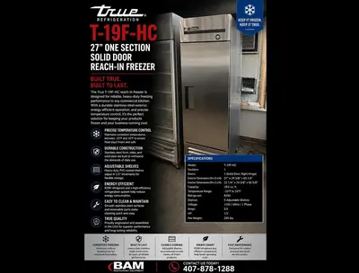 True T-19F-HC 27" One Section Solid Door Reach-In FreezerTrue T-19F-HC 27" One Section Solid Door Reach-In Freezer
