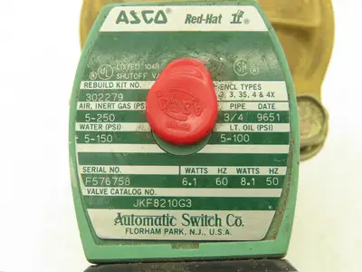 Asco JKF8210G3 Brass Solenoid Valve  3/4" N/C 5-250 AIR 5-150 w Jun Box