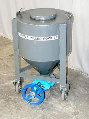 USED HEAVY DUTY 210 KG CONE BOTTOM TRANSFER TANK W/ WARREN 3" KNIFE GATE VALVE