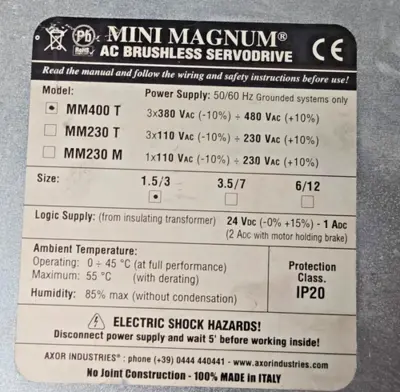 AXOR MINI MAGNUM MM400T-1.5/3-RXX-S-EC-00010X-0X MM400T BRUSHLESS SERVO DRIVE