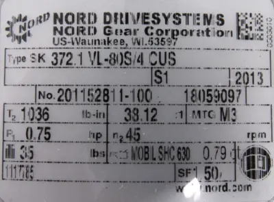 NEW NORD SK372.1VL-80S/4CUS GEARMOTOR 38:12:1 1HP 1" DIA. SK80S/4CUS