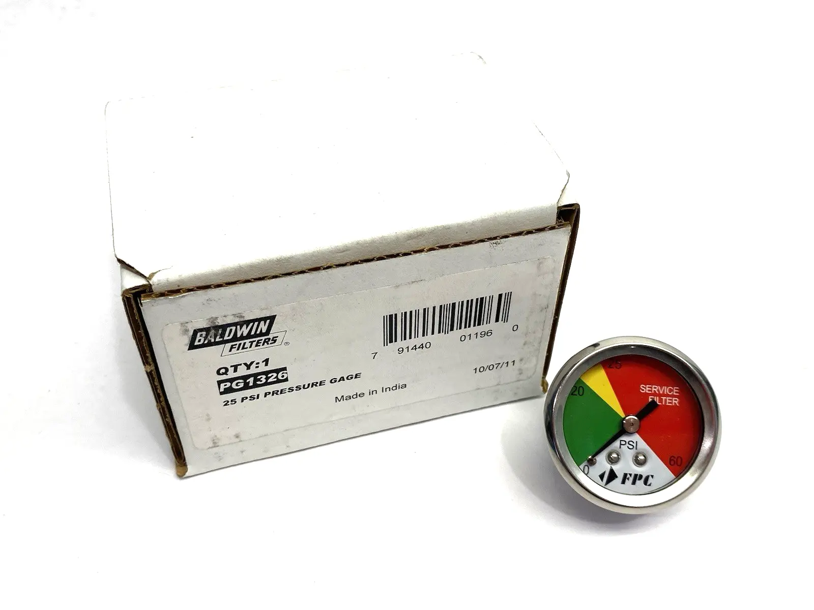 USED BALDWIN FILTERS PRESSURE GAUGE, 0 TO 60 PSI, 1-1/2" DIAL, 1/8" NPT