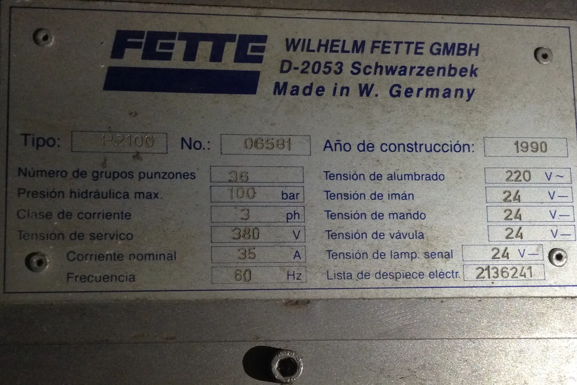 NEW 1990 FETTE COMPACTING FE35