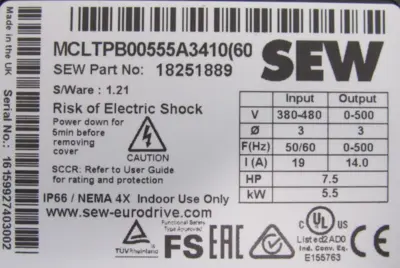 NEW SEW EURODRIVE 18251889 DRIVE 7.5HP MCLTPB00555A3410