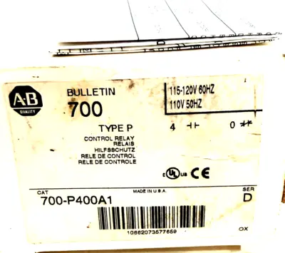 ALLEN BRADLEY 700-P400A1 AC RELAY SER. D 700P400A1 NEW, SURPLUS