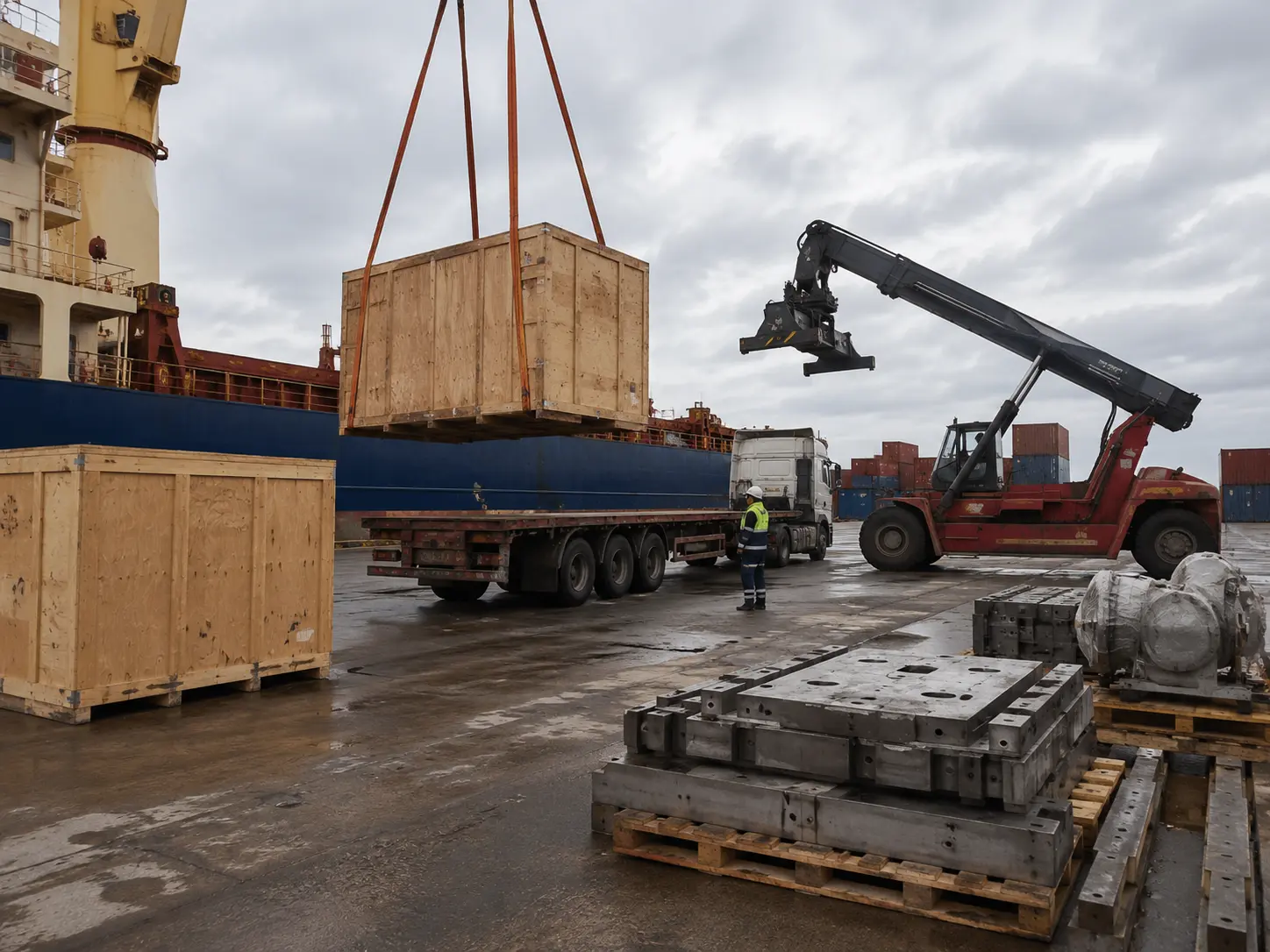 Crane loading crated heavy equipment onto a flatbed truck at port