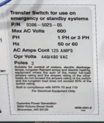 125 Amp Cummins OTECA-1601109 PowerCommand Automatic Transfer Switch Used