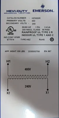 NEW EMERSON HZ3000R TRANSFORMER 3KVA LVGP 480V 240V