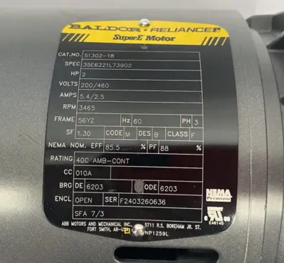 Used Baldor-Reliance, ABB SuperE Motor 2HP 3465rpm 3-Phase 60Hz 35E6221L739G2 A.C. Motors Michigan US | Maverick Industrial Sales #1391823