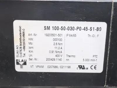 ELAU SM 100-50-030-P0-45-S1-B0 Servo Motor 19203501-501 Used