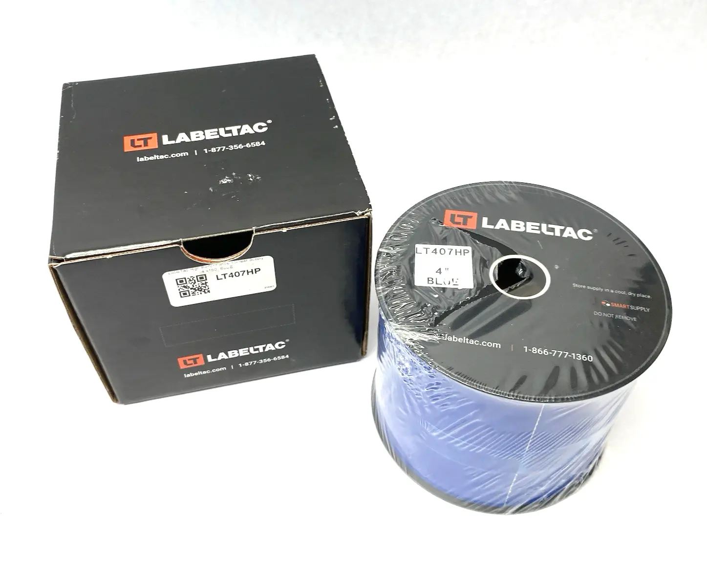 USED LABELTAC PRO MODEL HIGH PERF. 10 YEAR VINYL LABEL, BLUE, 4" X 150' ROLL