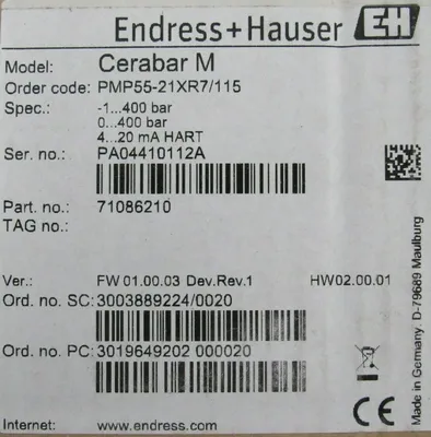 NEW ENDRESS & HAUSER PMP55-21XR7/115 PRESSURE TRANSMITTER CERABAR M 71086210