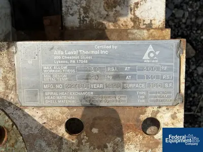 USED Alfa Laval 100 Sq Ft Alfa Laval Spiral Heat Exchanger, 130#