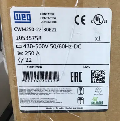 WEG CWM250-22-30E21 Contactor, 250A Coil, 430-500V, 3Ph 4F