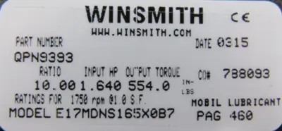 NEW WINSMITH E17MDNS165X0B7 GEAR REDUCER QPN9393 10:1
