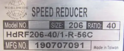 USED WORLDWIDE ELECTRIC HDRF206-40/1-R-56C SPEED REDUCER 40:1 HDRF206401R56C