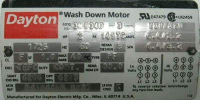 NEW DAYTON 3N834D WASH DOWN MOTOR 2HP 1725RPM 230/460V 7/8" DIA.