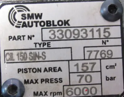 USED SMW AUTOBLOK 33093115 LATHE HYDRAULIC CYLINDER 6000 RPM 70 BAR CIL 150 SINS