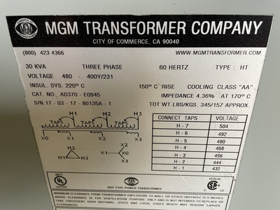 30KVA 480-400y/231 Transformer