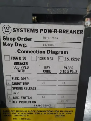 Westinghouse SPB65 Pow-R-Breaker 1600A Frame 1200A Trip Pow-R Trip 7 Used