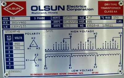 NEW OLSUN 0H220 TRANSFORMER 30 KVA 380/460V 50/60HZ 75.3A 15516-A 126611