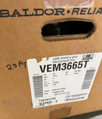 new surplus 5 hp Baldor Electric Motor, 1750 RPM, Frame 184TC