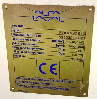 (3) Alfa-Laval FOODEC 610 sanitary decanter centrifuges, 316SS.
