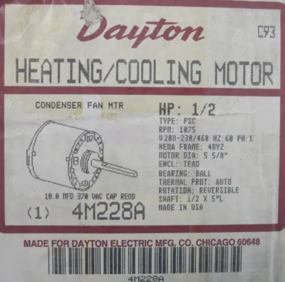 NEW DAYTON 4M228A MOTOR .5HP 1075RPM 208-230/460V