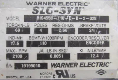 USED WARNER ELECTRIC HIS4550-110-E-B-2-028 SERVO MOTOR HIS4550110EB2028