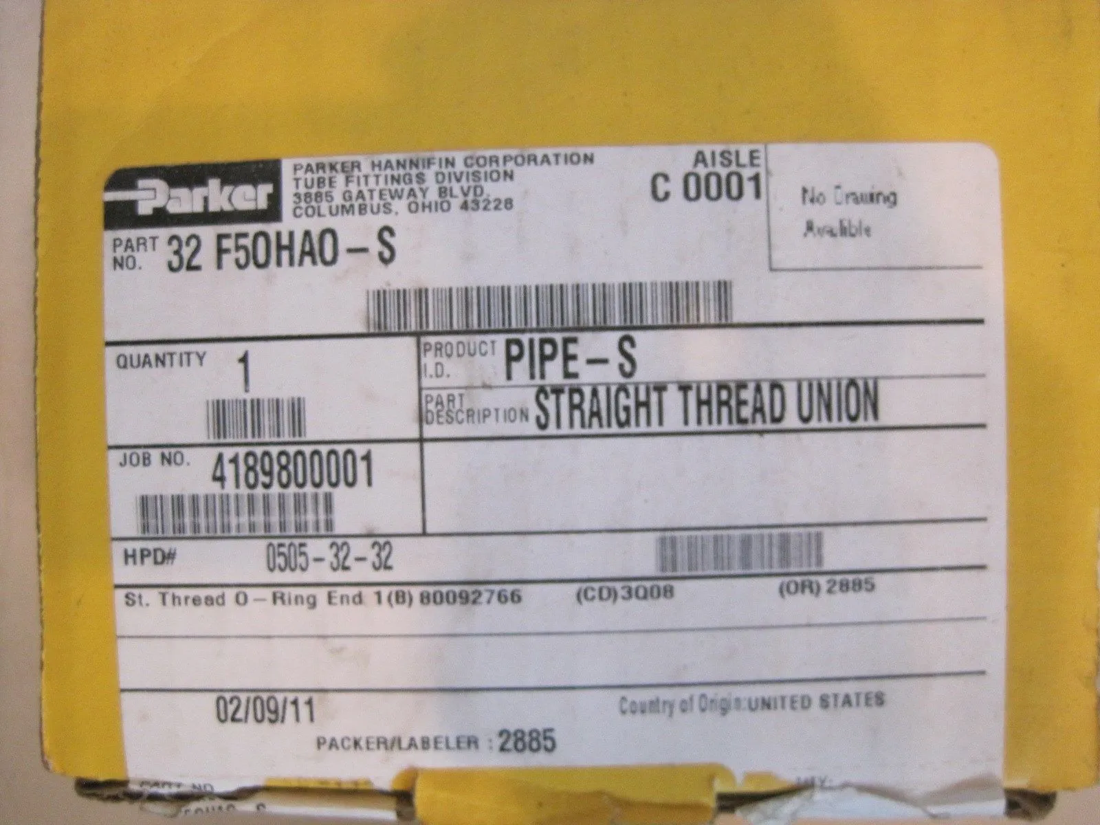 NEW PARKER 32 F5OHAO-S STRAIGHT THREAD UNION 32F5OHAOS