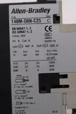 ALLEN BRADLEY 140M-D8E-C25 CIRCUIT BREAKER WITH 100-C16*10 CONTACTOR STOCK 720-A