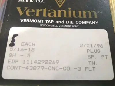 NEW VERMONT TAP AND DIE VERITANIUM 5/16-18 NC PLUG GH-5 SP. PT. HSCO
