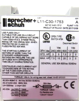 NEW SPRECHER+SCHUH L11-C30-1753 LOADSWITCH SER.A L11C301753