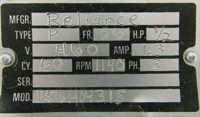 REFURBISHED RELIANCE ELECTRIC P56H1431S MOTOR 1/2HP 460V 1140RPM 5/8" DIA.
