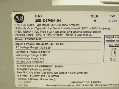 Allen Bradley 25B-D6P0N104 Powerflex 525 3Hp VFD AC Drive 480V 50/60Hz FW 7.001
