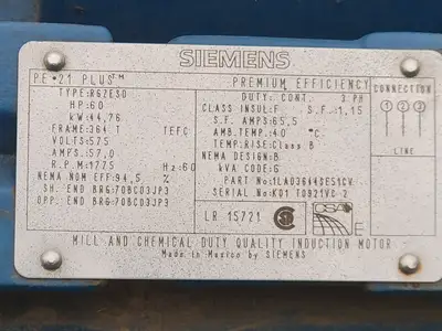 60 hp, 575 volts, 1775 rpm, 364T Premium Efficiency Motor Type RGZESD