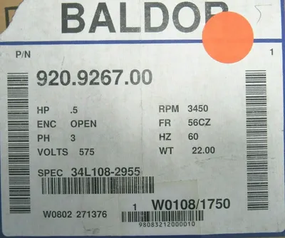 NEW BALDOR 34L108-2955 MOTOR .5HP 575V 3450 RPM 920.9267.00