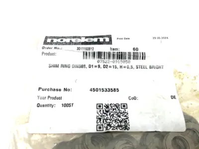 NEW NORELEM SHIM RING D1=9, D2=15, H=0,5, PKG OF 100