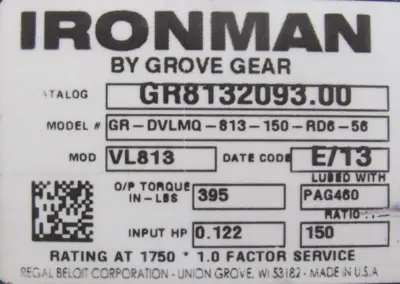 NEW GROVE GEAR GR8132093.00 GEAR REDUCER 150:1 GR-DVLMQ-813-150-RD6-56