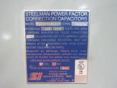 Steelmann M100KVAR480F Power Factor Correction Capacitor 100KAVR 480V 3Ph